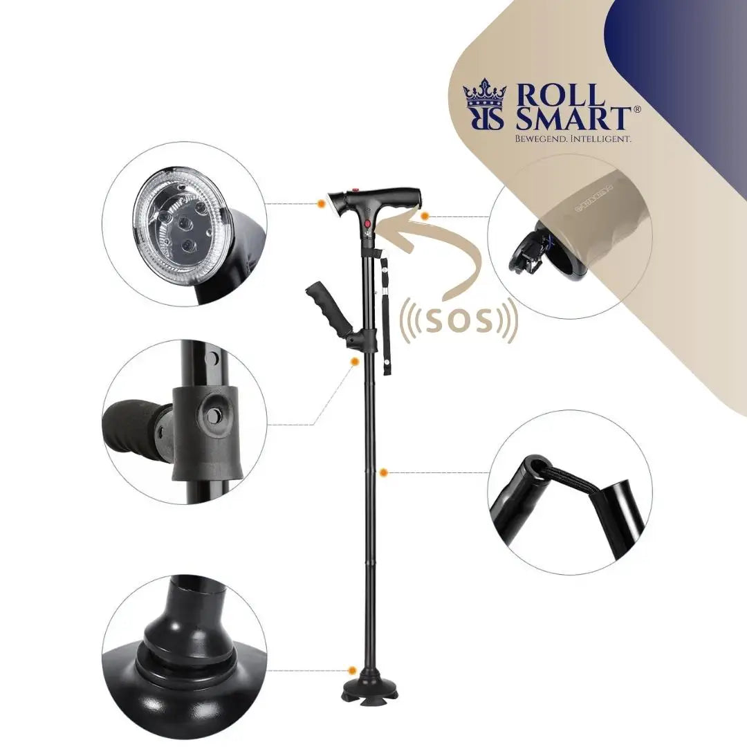 Gehstock alu schwarz mit alarm led 4 punkt fuß faltbar