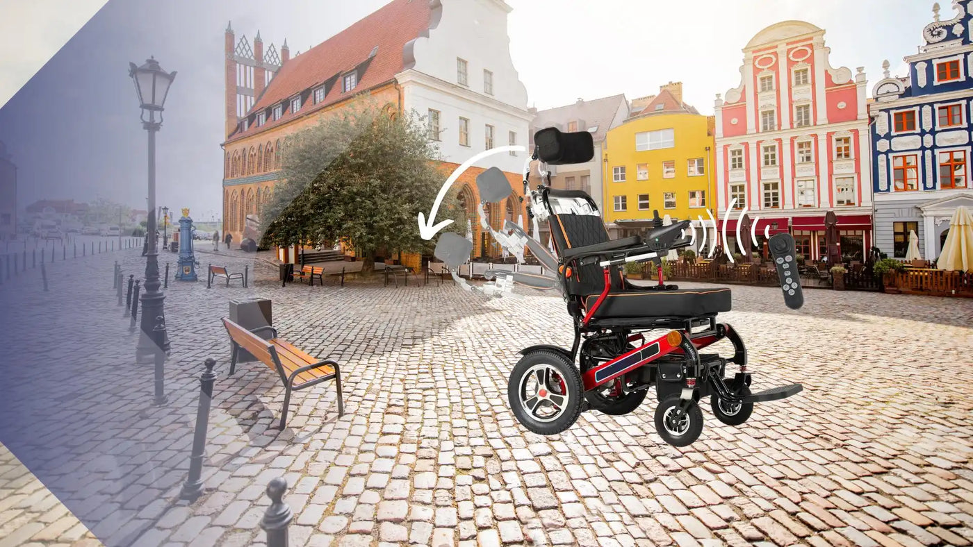 Ein roter und schwarzer elektrischer Rollstuhl mit Fernbedienungsfunktionalität.