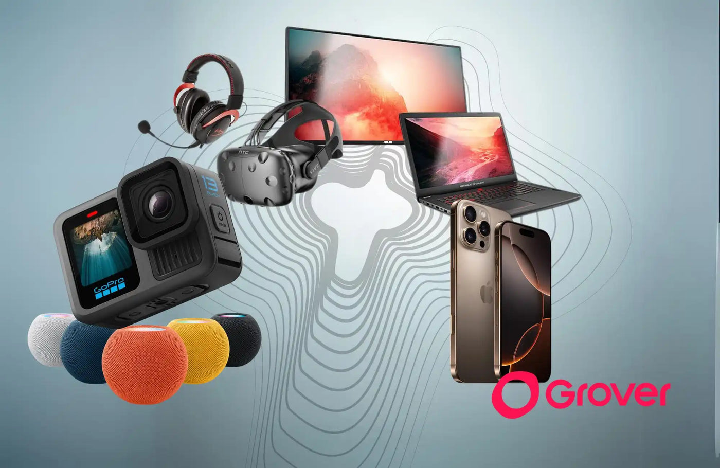 Eine Sammlung von Unterhaltungselektronik, einschließlich einer GoPro-Kamera, Kopfhörern, VR-Headset, Monitor, Laptop und Smartphones.