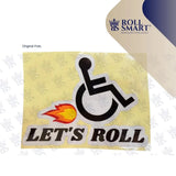 Aufkleber rollstuhl lets roll mit flamme spaß fun,