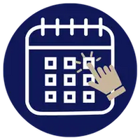 Blaues rundes Icon mit einem weißen Kalender, auf dem ein Finger auf ein Datum zeigt.