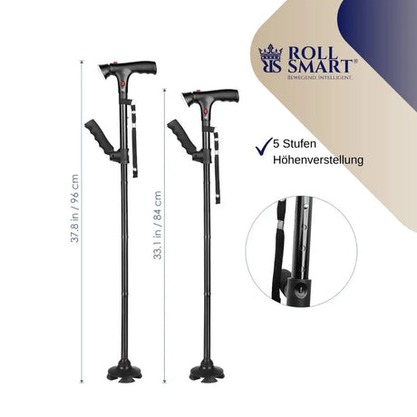 Gehstock alu schwarz mit alarm led 4 punkt fuß faltbar