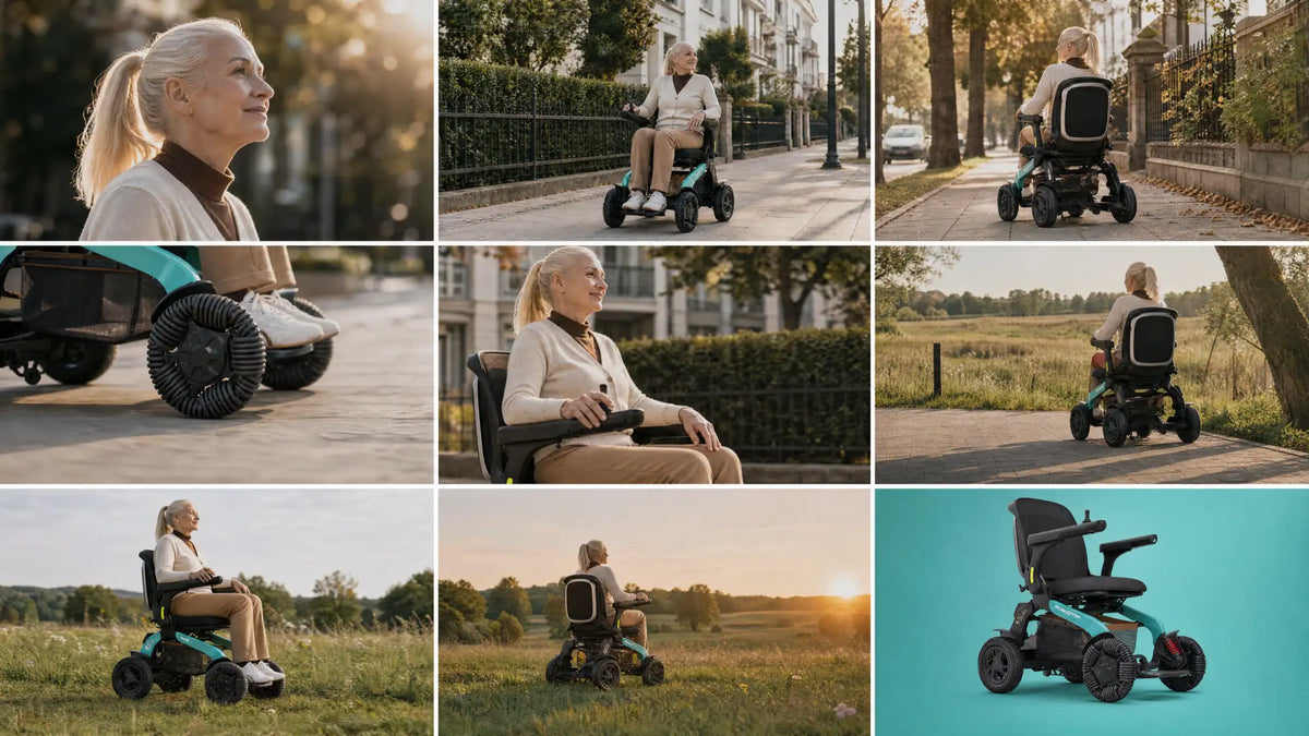 Pflegeleichter Mobilitätsscooter in Türkis und Schwarz mit ergonomischem Sitz und klappbarem Design