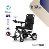 Schwarzer roll smart® basictravel elektrorollstuhl mit faltbarem rahmen und strukturierten rädern für reisegebrauch
