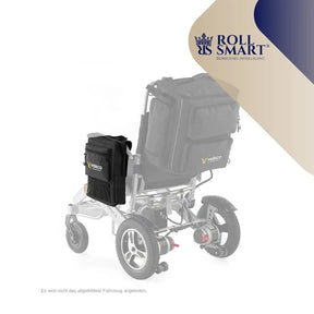 Schwarzer roll smart® armlehnentasche mit gelbem veleco by roll logo an der seite eines rollstuhls befestigt