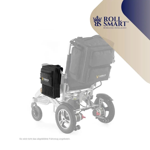 Schwarzer roll smart® armlehnentasche mit gelbem veleco by roll logo an der seite eines rollstuhls befestigt
