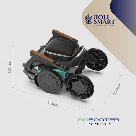 Schwarzer und teal roll smart robooter evolve pro-a elektro-falt-rollstuhl mit orange akzentuierten armlehnen im gefalteten zustand