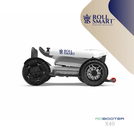 Weiß-grauer roll smart® elektro-falt-rollstuhl x40 mit schwarzen profilt tires und silbernen aluminiumspeichenrädern hinten