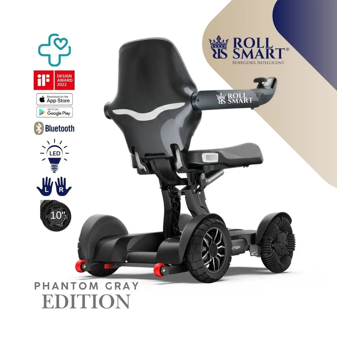 Phantom gray edition roll smart elektrorollstuhl mit modernem ergonomischem sitz, vier robusten rädern und roten akzenten