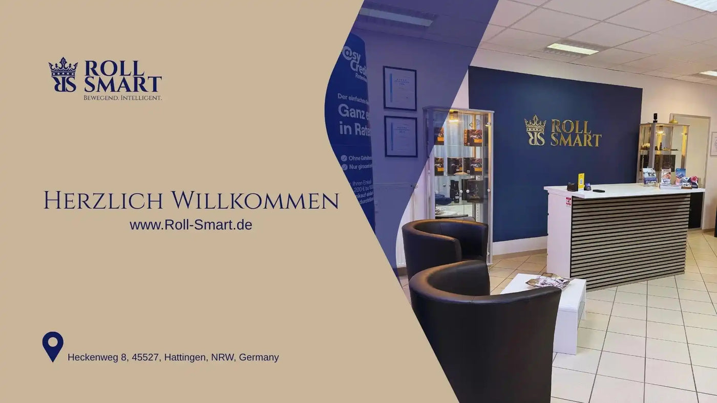 Roll smarter Empfangstisch mit schlanker weißer Oberfläche und dunkelblauer Wandverkleidung.