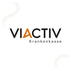 Viactiv Krankenkasse Logo mit fettgedruckten schwarzen und orangenen Buchstaben auf einem sauberen weißen Hintergrund.
