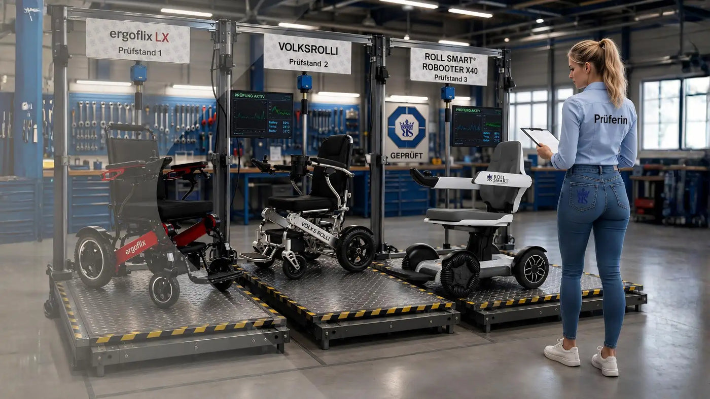 Weiße und schwarze Roll-Smart-Robobooster-Kab-Mobilscooter mit einem schlanken, modernen Design.